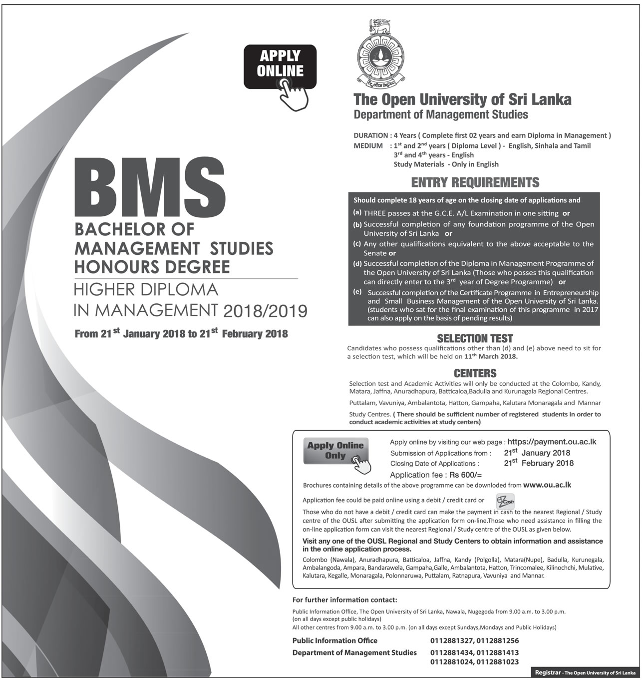 Bachelor of Management Studies Honours Degree / Higher Diploma in Management (2018/2019) - The Open University of Sri Lanka